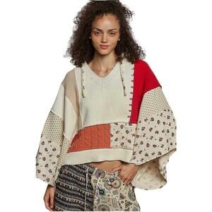 NWT POL Women’s Boho Oversized Hooded Patchwork Poncho Pullover Top